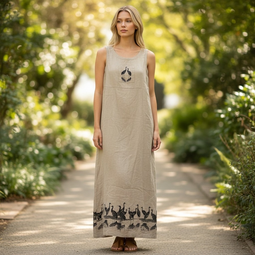 Jaclyn Smith Maxi Dress Women Medium Tan Linen Blend Crane Bird Art Vtg